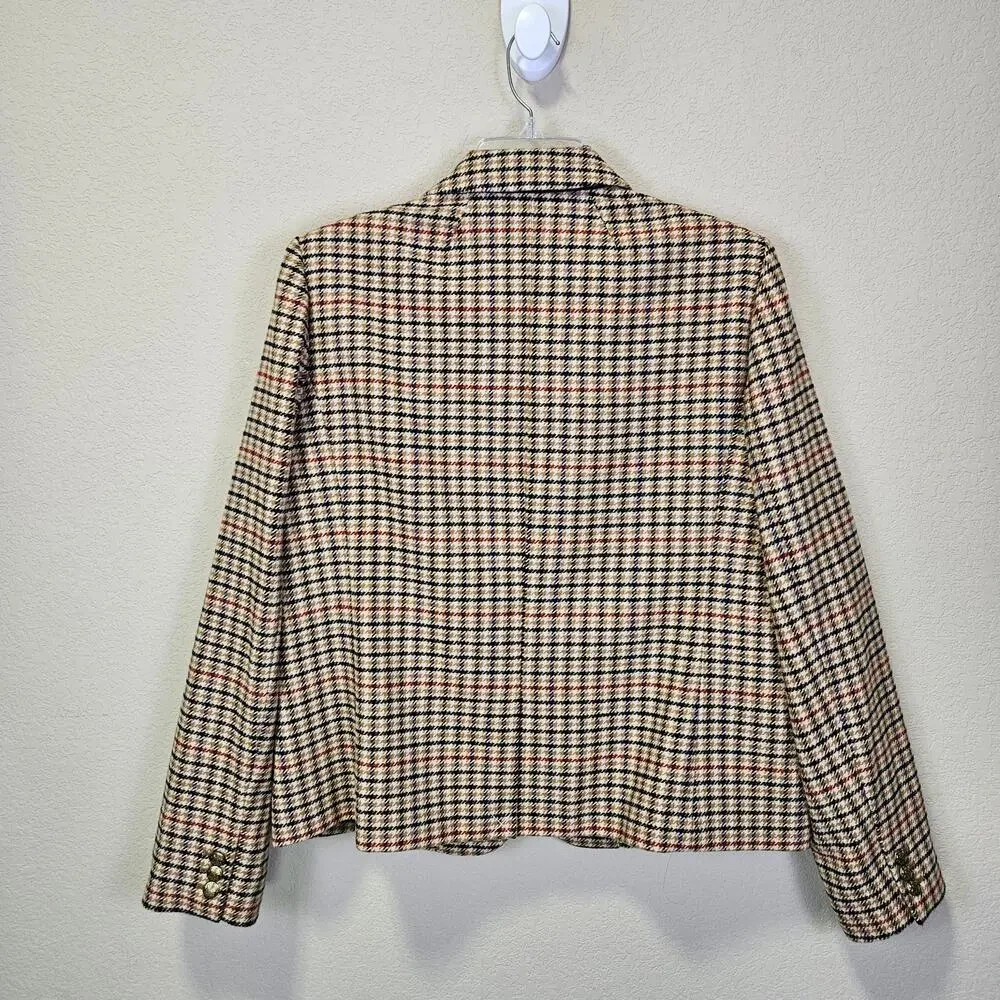 J.Crew Tweed Schoolboy Blazer Women 14 Camel Navy Plaid Gold Crest Buttons NEW